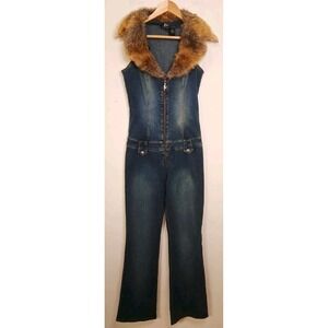 Y2K JLO by Jennifer Lopez Strapless Denim Jumpsuit Faux‎ Fur Collar Retro 2000s